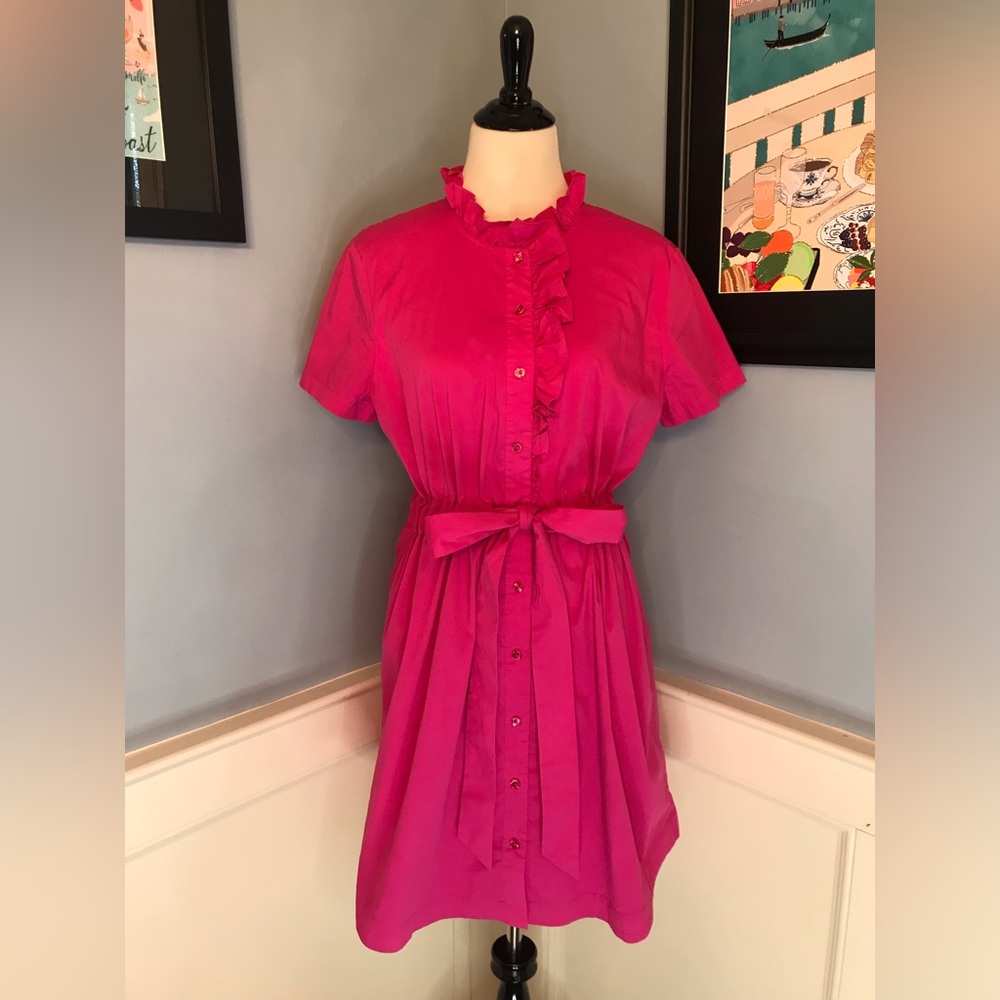 IM NYC Isaac Mizrahi Fuchsia Hot Pink Short Sleeve Ruffle Shirt Dress